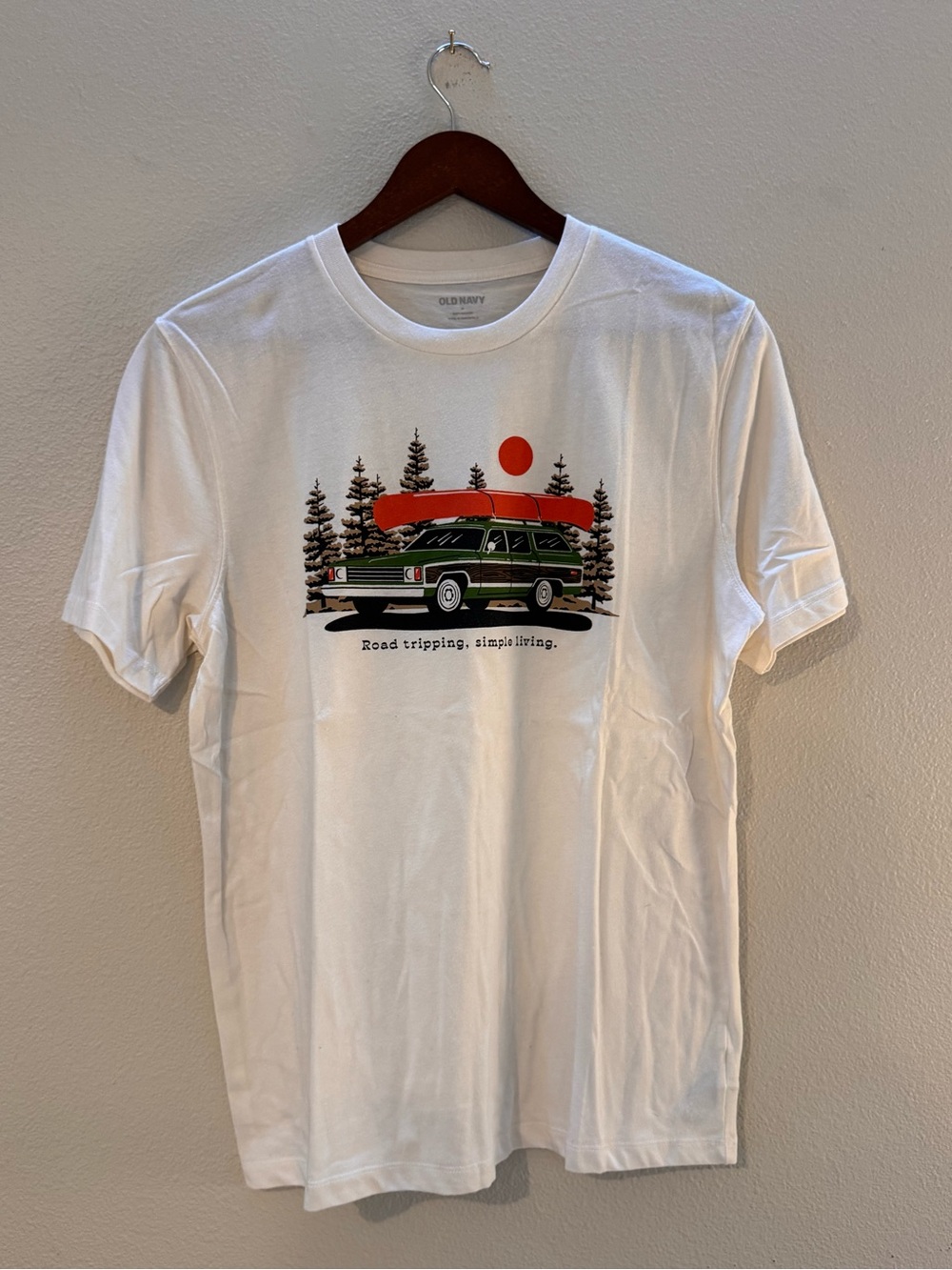 Old Navy White Graphic Tee with Green Wagon and Orange Canoe
